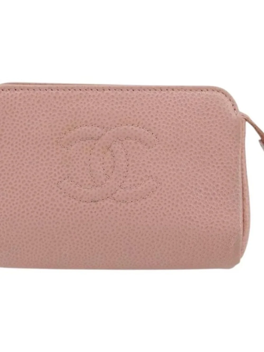 CHANEL Pouch Grained Calf Skin Pink Gold CC Auth 101855